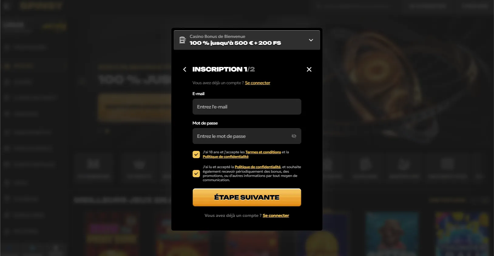 Enregistrement d'un nouvel utilisateur – Spinsy Casino connexion